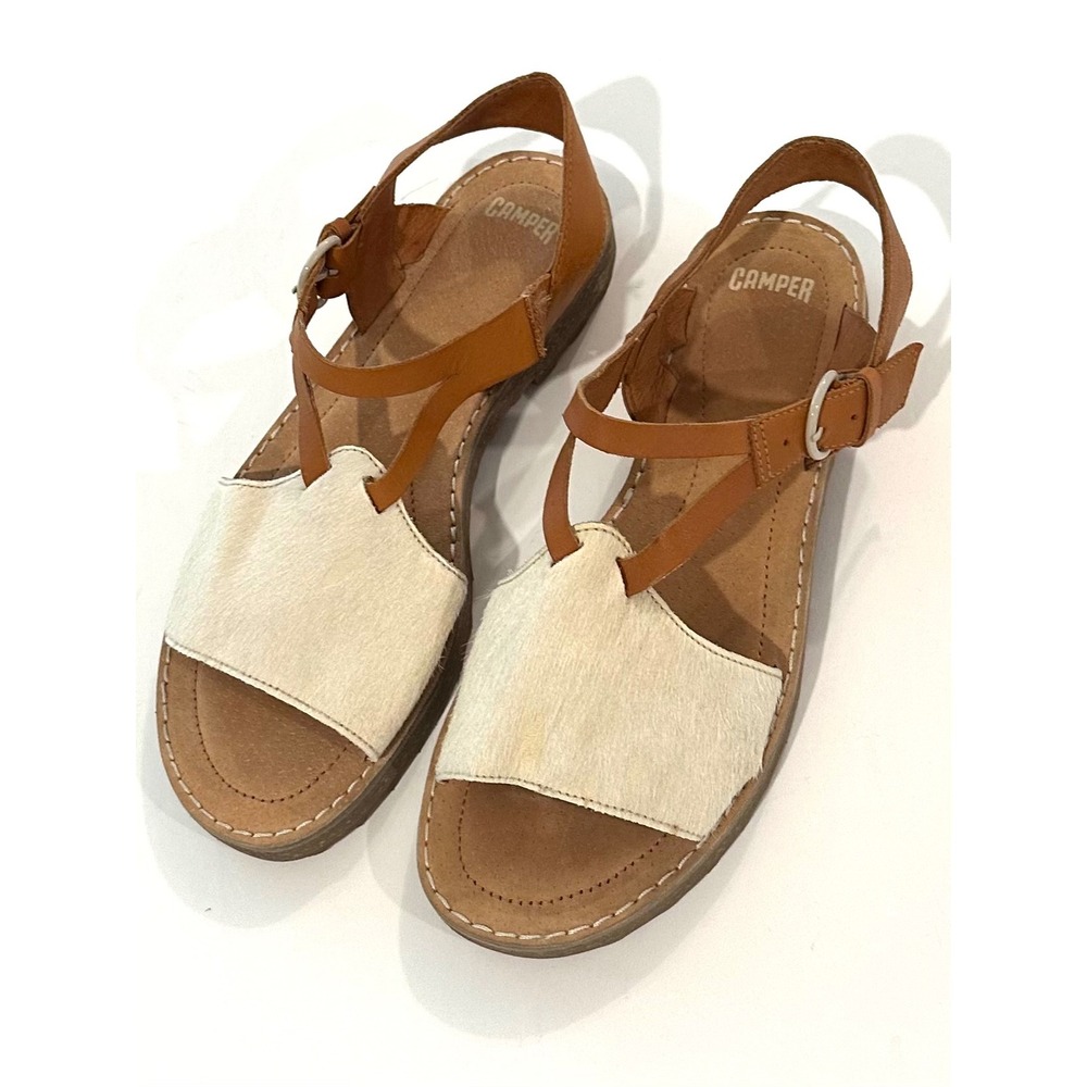 Camper Brand Cream Calf Hair Brown Strappy Leather Boho Western Flat Sandals